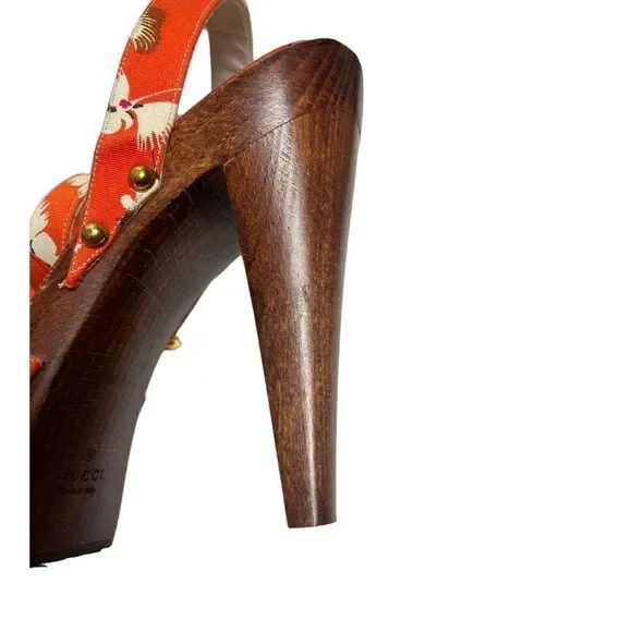 Gucci Orange Crane Wood Block Heels Sandals Sz. 8 - Picture 4 of 13